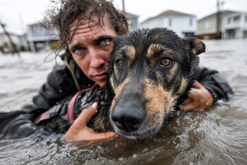 A rescue dog heroically pulling a person from floodwaters in a devastated neighborhood after a hurricane murky, debris-filled water up to the dogs chest, the person clinging to th