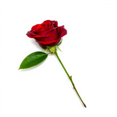 A single dark red rose with a green leaf isolated on a white background in a studio setting view created with generated ai