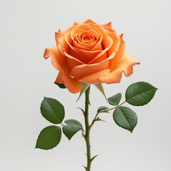 Close up of a single orange rose with green leaves against a plain white background in soft lighting created with generated ai