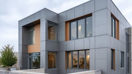 Obraz premium Sleek duplex with zinc panels narrow windows ambient overcast lighting for soft natural shadows balanced frame composition high