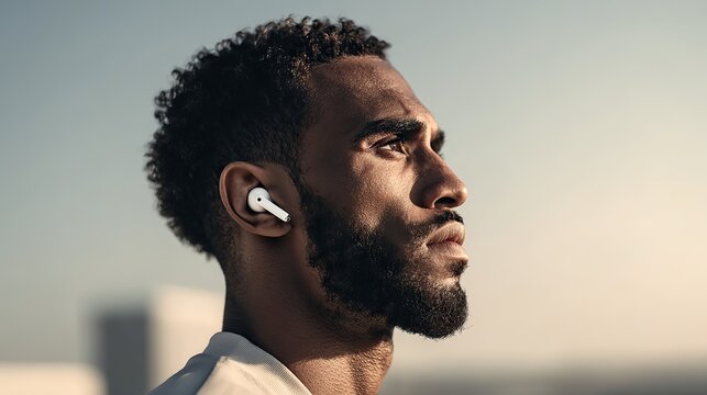 Side profile of athletic young man wearing white wireless sport earbuds, symbolizing active lifestyle, fitness focus, and modern audio technology in professional promotional setting