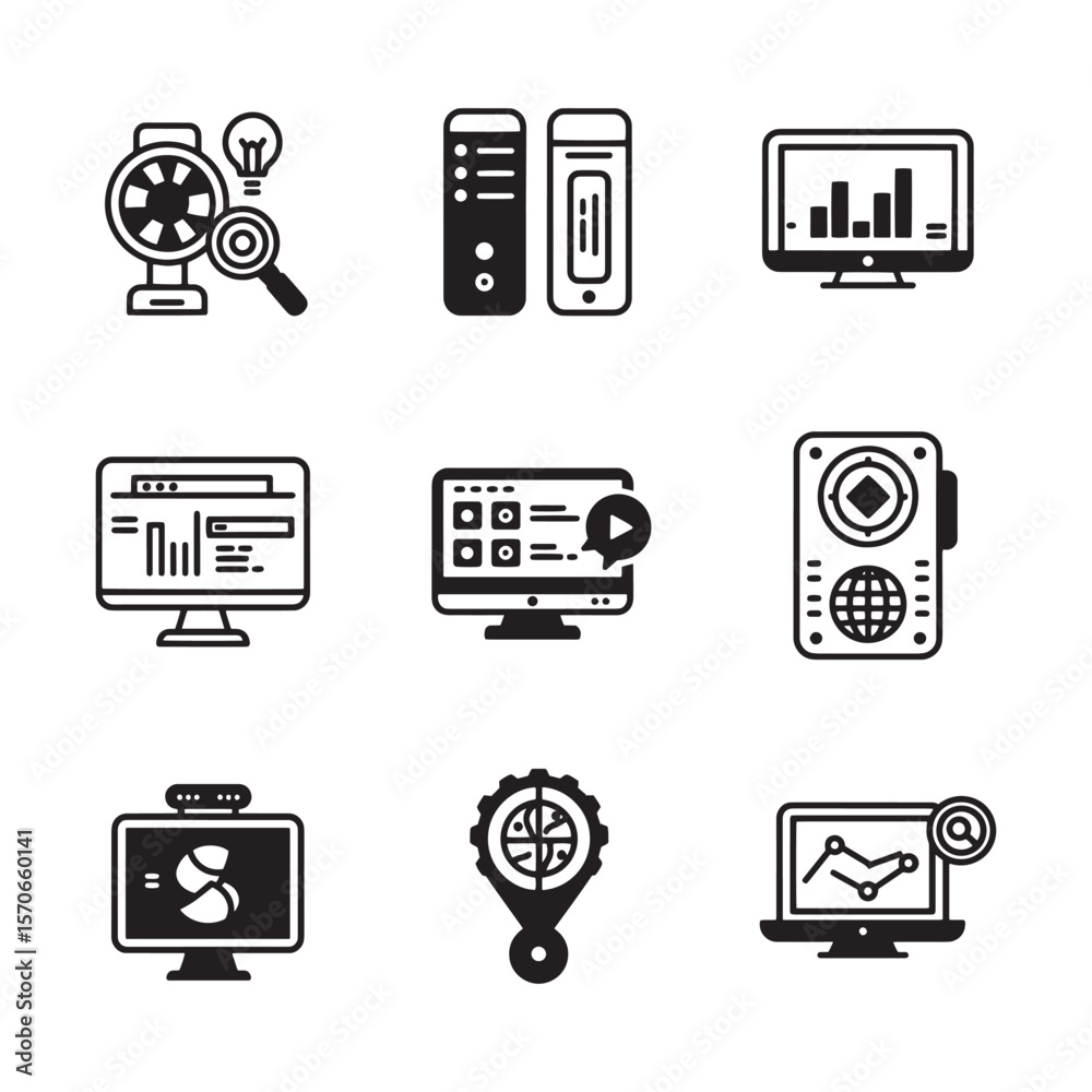 Poster modern business icons representing technology data analysis and computer software applications