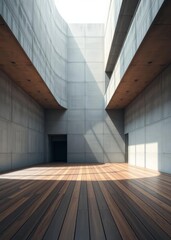 Obraz premium Concrete walls modern work office wooden deck in a clean and bright environment Empty room interior design architecture blank design room striking structures clean lines geometric shapes dram