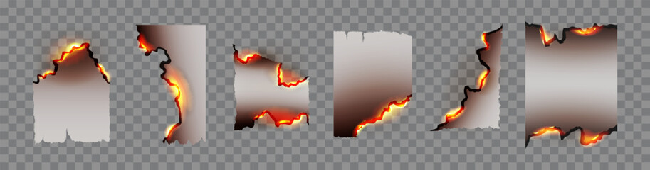 Set of half-burnt paper pages. Scraps of paper with torn edges of irregular shape. Vector design elements for website design, social networks, advertising materials, packaging, games