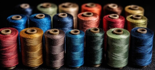 The vibrant assortment of sewing thread spools arranged on a dark background.