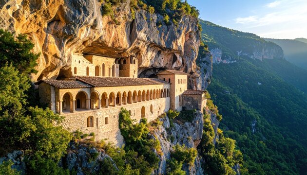 Ostrog Monastery nestled within a rock face of Montenegro at daylight