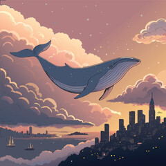 Dreamy Fantasy Illustration of a Giant Whale Swimming Through Clouds Above a City Skyline at Sunset Flat, Layered, and Surreal Landscape Design.