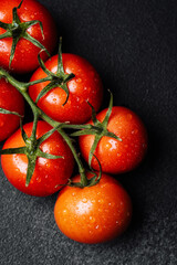 Fresh red tomatoes on a vine with water droplets in a dark setting