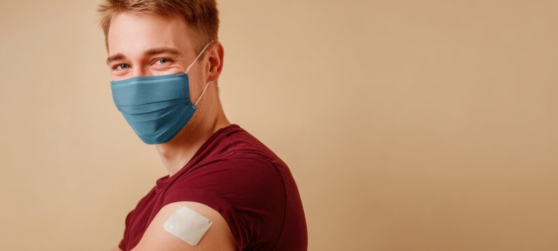 The young man confidently showing his vaccination bandage while wearing a mask.