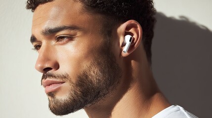 Side profile of athletic young man wearing white wireless sport earbuds, symbolizing active lifestyle, fitness focus, and modern audio technology in professional promotional setting