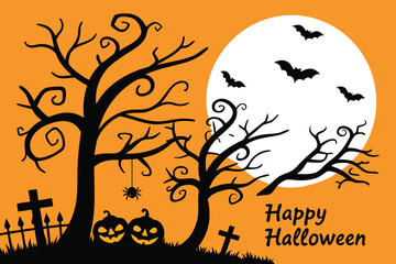 Adobe Illustrator Artwork, halloween, tree, bat, pumpkin, vector, silhouette, night, moon, illustration, autumn, holiday, orange, dark, scary, horror, spooky, cartoon, cemetery, design, black, celebra