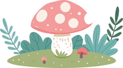 Cute Oversized Mushroom in a Whimsical Garden Flat Kawaii Style Illustration with Playful and Adorable Nature Elements.