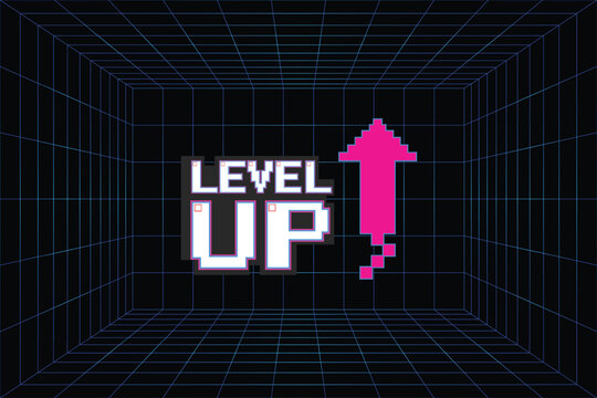 LEVEL UP icon pixel art. 8 bit game. retro game. Retro Futurism Sci-Fi Background. glowing neon grid. and stars from vintage arcade computer games