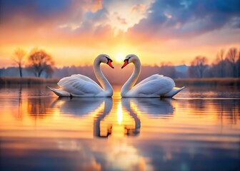 Fototapeta premium Love birds mirrored in a heart, tilt-shift photography captures a serene Valentine's Day dawn on calm waters.