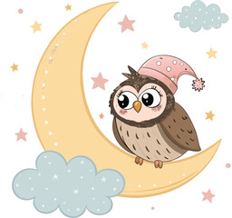 Chubby Baby Owl Sitting on a Crescent Moon with a Tiny Nightcap Surrounded by Glittering Stars and Pastel Clouds in Flat Kawaii Style Illustration.