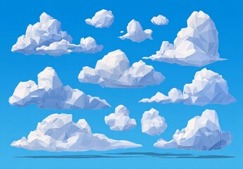 Low poly clouds float in a bright blue sky a whimsical and modern take on nature clean lines and