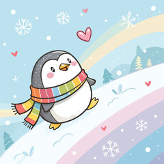 Cute Round Penguin Wrapped in a Rainbow Scarf Sliding Down a Soft Snow Hill Surrounded by Sparkles, Snowflakes, and Heart-Shaped Trails in Flat Kawaii Style.