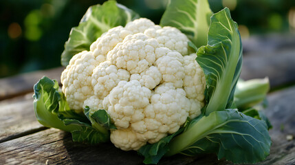 Fresh Cauliflower Head with Green Leaves on Rustic Wooden Surface