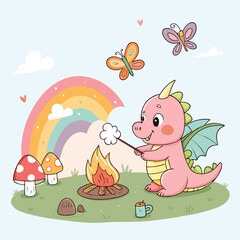Playful Baby Dragon Roasting Marshmallows Over a Tiny Rainbow Campfire Surrounded by Mushrooms and Butterflies in Flat Kawaii Style Illustration.