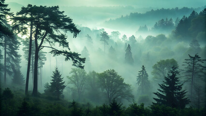 Enshrouded Forest Canopy: A mystical scene unfolds with tall trees shrouded in a wispy, ethereal fog, casting a sense of serene beauty and the mystery of the natural world.