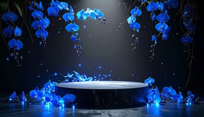 Vivid blue orchids framing marble pedestal