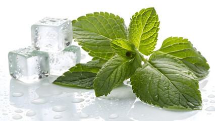Refreshing Mint and Ice Cubes: Close-up shot of vibrant green mint leaves with ice cubes, capturing the essence of freshness and coolness.