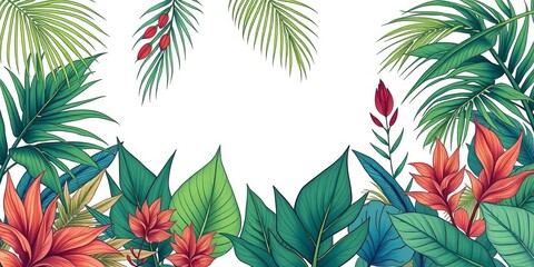 Abstract botanical line art banner with tropical palm leaves and exotic plants; ideal for wallpaper, textiles, and print design,  banner,  art