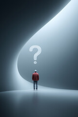 Long white image with person and question mark