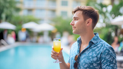 Fototapeta premium Relaxing by the poolside with a tropical drink and vibrant surroundings during a sunny afternoon getaway