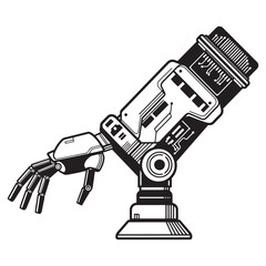 Vector illustration of a robotic arm with futuristic technology elements in black and white