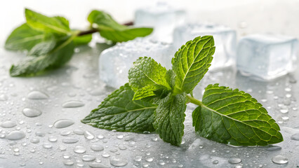 Mint and Ice Cubes with water drop: Fresh mint sprigs paired with frosty ice cubes shimmer with water droplets.