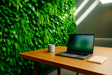 Fototapeta premium Modern workspace with laptop on wooden desk, green plant wall background, natural light, and creative eco-friendly office ambiance.. Ai generative