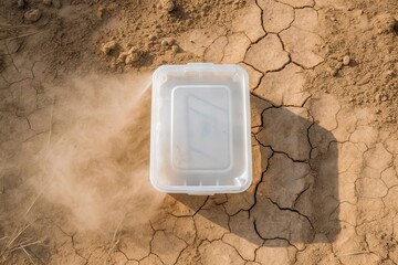 Transparent Plastic Container on Dry Cracked Ground with Dust Particles and Upper Margins