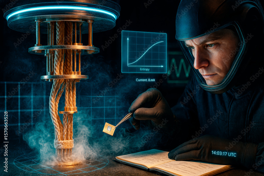 Poster futuristic scientist in helmet studying quantum chip under glowing experimental device with data hol