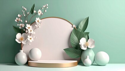 Elegant floral display on minimalist podium indoor studio setting photography fresh green background artistic viewpoint concept for home decor
