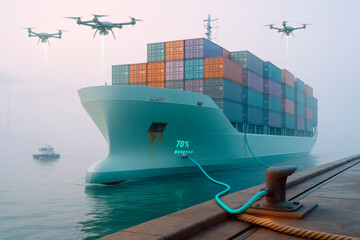 Futuristic electric cargo ship charging at dock with drones flying above during foggy morning, symbolizing smart shipping technology concept. Ai generative