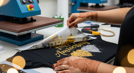 Woman peels vinyl from custom anniversary shirt after heat press application, showing foil design for apparel crafting.