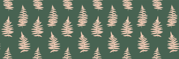 Seamless pattern featuring minimalist fern leaves on a dark green background. Perfect for fabric design, stationery, packaging, or home decor. Elegant and stylish aesthetic.