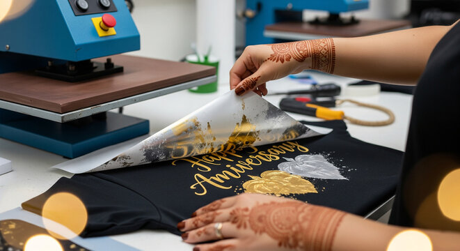 Woman peels vinyl from custom anniversary shirt after heat press application, showing foil design for apparel crafting. - Powered by Adobe