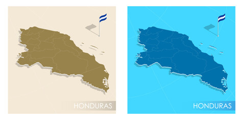 Honduras country flag installed on geographic positioning map point of country territory. Honduras commonwealth banner on land and sea. Festive patriotic HD format template for independence day