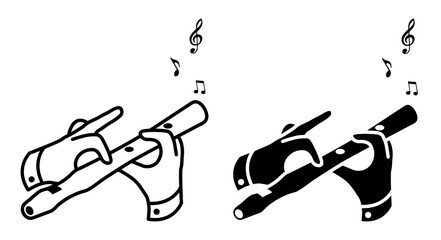 Line icon. Musician hand plays a melody on a musical wooden flute. Simple black and white vector isolated on white background © RNko