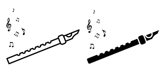 Linear icon. Wooden flute plays a melody. Notes rise up into air. Simple black and white vector isolated on white background © RNko
