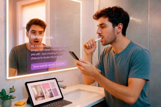 Man multitasking in smart bathroom with mirror voice assistant and tablet while brushing teeth and dictating an email using a smartphone device. Ai generative