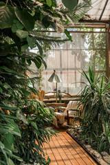 Rustic greenhouse reading nook with tropical foliage for concepts of comfort, serenity and...