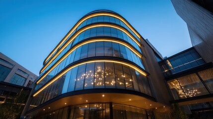 Reflective curved fa??A section ade building with warm LED strips accenting frame evening blue hour scene with cinematic lighting contrast