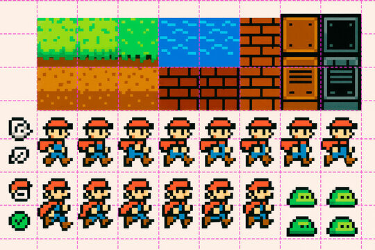 Pixel art sprite sheet with various game characters and tile backgrounds including grass, water, and bricks on light grid layout. Ai generative. Ai generative - Powered by Adobe