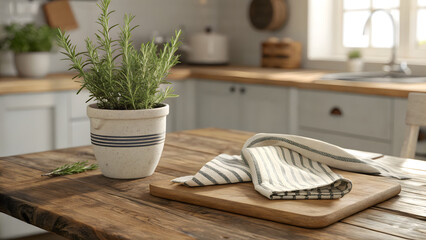 Rustic Kitchen Still Life: A charming, light-filled kitchen scene featuring a rosemary plant in a rustic pot on a wooden table, with a wooden cutting board and striped towel.
