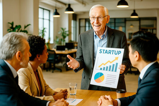 Senior businessman presenting startup growth chart to diverse team in light modern office during creative business meeting on bright background. Ai generative