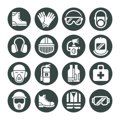 Collection of Fifteen Dark Gray Circular Icons Depicting Safety Equipment Including Boots Gloves Goggles Respirators Earmuffs Hard Hats Fire Extinguishers First Aid Kits and Safety Vests