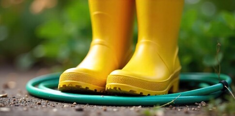 Yellow Wellington Boots and Garden Hose Playful Spring Gardening Scene